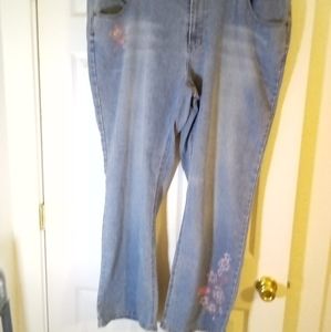 Avenue size 22 jeans stretch denim floral sequin flowers in pink on blue jeans.